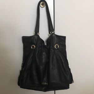Cole Haan Drawstring Black Leather Tassel Tote